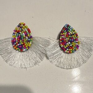 Colorful Beaded Teardrop Earrings with White Fringe